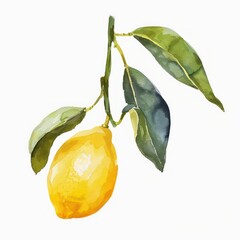 Wall Mural - watercolor of hanging lemon branch with leaves isolated on a white background