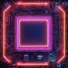 Canvas Print - electronic circuits viewed from above with a square glowing neon light border