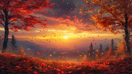 Wall Mural - Autumn Background with Dramatic Sunset 
