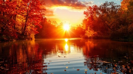 Wall Mural - Autumn Background with Dramatic Sunset 