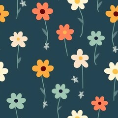 seamless pattern with cute hand drawn flowers on dark blue background