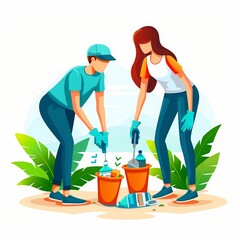 two people cleaning up a beach, picking up trash and plastic bottles, promoting environmental conser