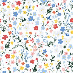 Wall Mural - Small colorful flowers and leaves seamless pattern on white background