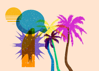 Wall Mural - Risograph Palm Tree with speech bubble with geometric shapes. Objects in trendy riso graph print texture style design with geometry elements.