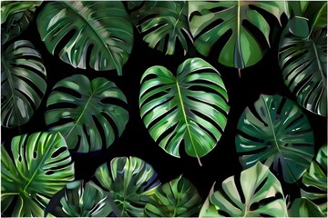 abstract green leaves pattern texture, nature background, tropical leaves Generative AI