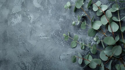 Wall Mural - Eucalyptus leaves on gray surface with branch pattern Top view with space for text