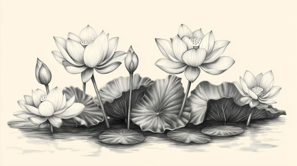 A stunningly detailed graphite illustration of lotus flowers in various stages of bloom