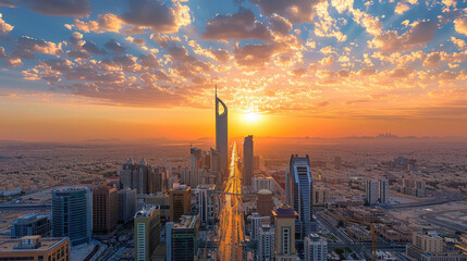 Wall Mural - A city skyline with a large building in the middle and a sun setting in the background. The sun is setting behind the building, creating a beautiful and serene atmosphere