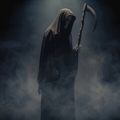 Wall Mural - A dark, eerie depiction of the Grim Reaper holding a scythe, surrounded by mist.