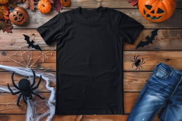 A black shirt is displayed on a wooden table with Halloween decorations. The shirt is empty and ready to be printed with a design. The table is decorated with pumpkins, spiders