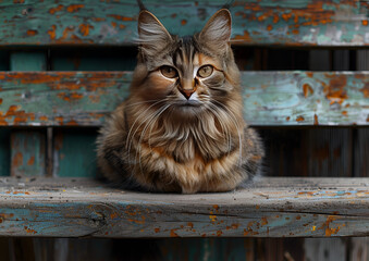 a cat sitting on a bench