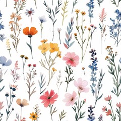 Naklejka na meble Watercolor meadow flowers seamless pattern with hand painted floral elements