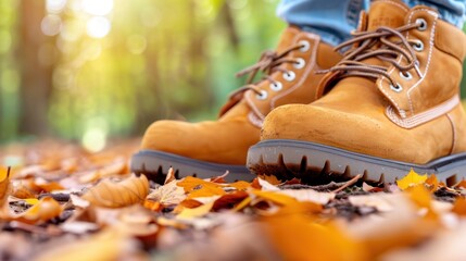 A pair of boots next to a freshly raked pile of autumn leaves