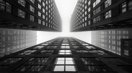 Bottom-up angle of a symmetrical black skyscraper.