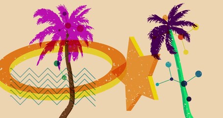 Wall Mural - Risograph Palm Trees with geometric shapes animation. Moving object in trendy riso graph design video.