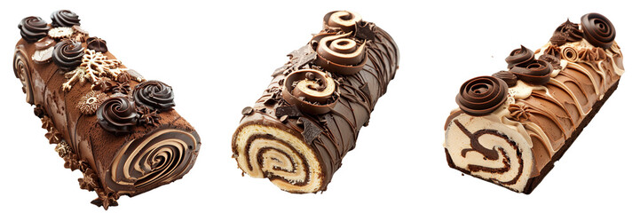 Set of A Yule Log cake with elegant chocolate swirls, isolated on a transparent background