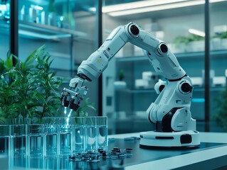 Fototapete - Robotic arm pouring liquid into glass beakers in a lab.