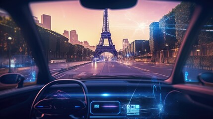 Wall Mural - View from car dashboard, Eiffel Tower, modern technology interface, holographic display, futuristic, digital art