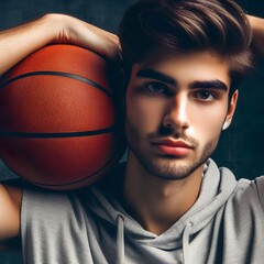 Wall Mural - Young basketball player in his early twenties posing with the ball held behind his head.