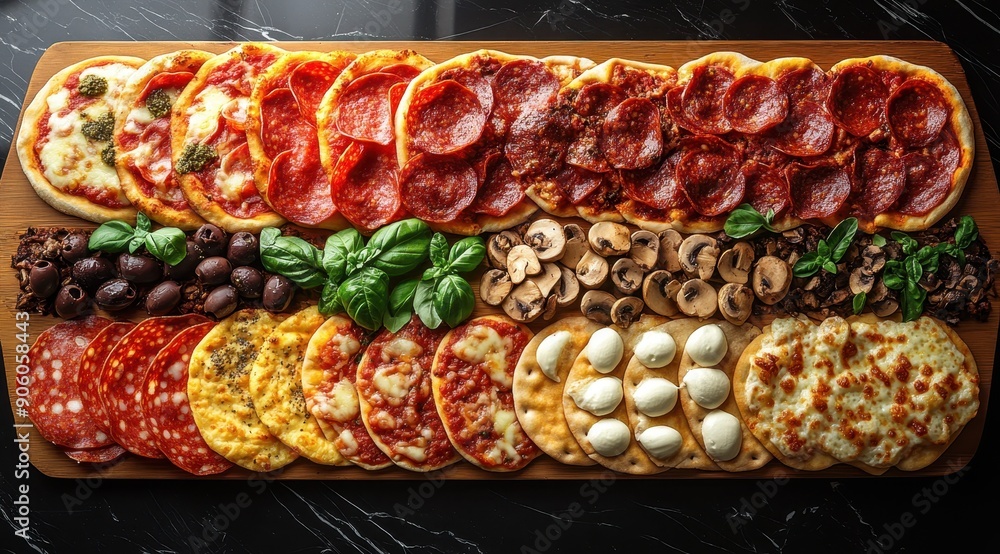 A wooden board with different types of pizza, arranged in rows and ...
