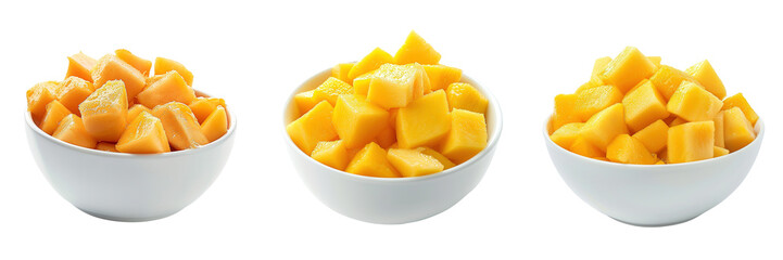 Set of Mango chunks in a white bowl, ready to be enjoyed, isolated on a transparent background