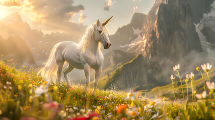 Wall Mural - A stunning unicorn stands gracefully in an alpine meadow surrounded by a vibrant array of wildflowers  The unicorn s horn gleams in the warm golden light of the setting sun