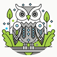 Stylized Owl Illustration with Geometric Patterns and Green Foliage