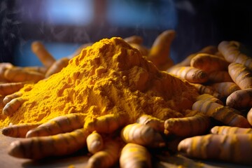 Wall Mural - Turmeric powder and fresh turmeric roots on wooden table