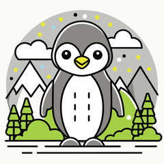 Wall Mural - Cartoon Penguin in Snowy Mountain Landscape