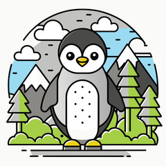 Wall Mural - Cartoon Penguin Standing in a Snowy Mountain Landscape