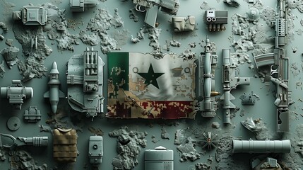 A close-up of a Defence Day flag's fabric texture, bold design incorporating military badges, panaflex with a dynamic image of military tanks, powerful image of military aircraft.