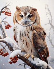 Wall Mural - Owl in winter landscape 