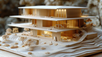 A detailed architectural model of a modern, multi-story building, showcasing both design and craftsmanship.