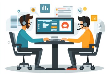 Aufkleber - Two colleagues collaborating on a project at their desks.