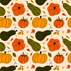 Pumpkins and leaves vector seamless pattern design. Autumn, fall season harvest illustration in flat cartoon retro groovy funky style for Thanksgiving holiday celebration, wrapping paper, background