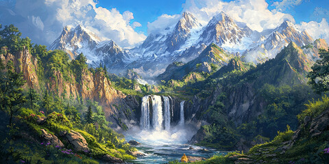 Wall Mural - A majestic waterfall cascades down the rugged mountains, generative AI