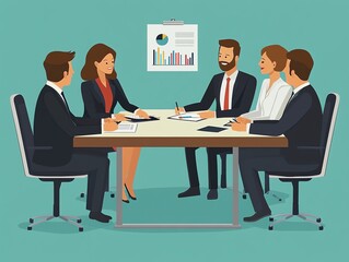 Poster - Business team meeting with graphs and charts.