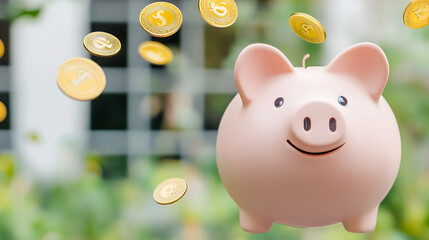 Wall Mural - Happy piggy bank and flying golden coins on green garden background Concept of saving money and seasonal sales