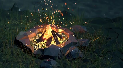 Canvas Print - Low Poly Campfire in the Night.