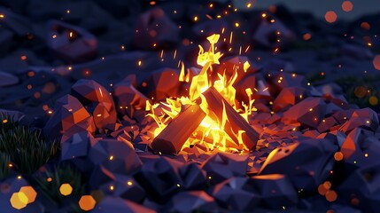 Sticker - Low Poly Campfire with Sparks and Bokeh Lights.