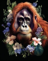 Poster - Orangutan with flowers on a neutral dark background 