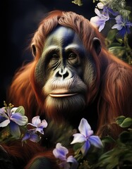 Wall Mural - Orangutan with flowers on a neutral dark background 