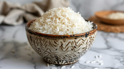 Poster - A bowl of white rice is sitting on a marble countertop. The bowl is small and has a brownish color. The rice is spread out and he is freshly cooked. The marble countertop adds a sleek