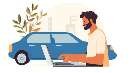 Wall Mural - Man working on laptop in front of a blue car Online buying and selling auto