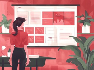 Poster - Woman Analyzing Data on a Whiteboard in a Red Office.