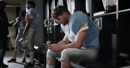 Poster - Football, player and man with cellphone in locker room and social media with message, texting and app. Wellness, sports and person with smartphone, mobile user or internet with connection or chatting