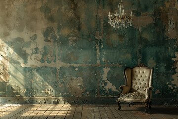 Wall Mural - Old Room. Antique Chair and Vintage Chandelier in Classic Setting with Copy Space