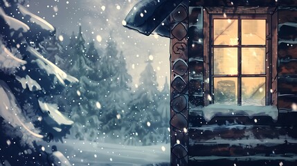 Canvas Print - A Cozy Cabin Window in a Snowy Forest.