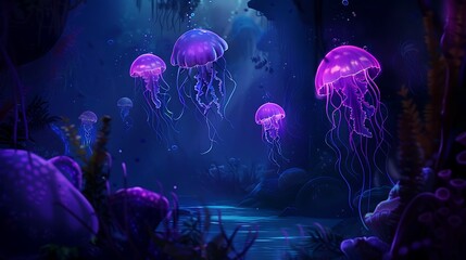 Wall Mural - Bioluminescent Jellyfish in a Deep Sea Cave.