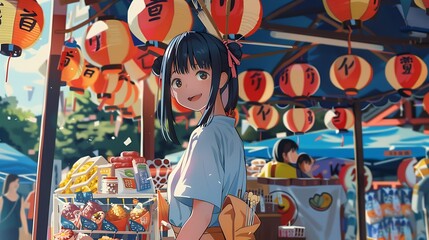 Wall Mural - Smiling Anime Girl in a Japanese Market with Red Lanterns.